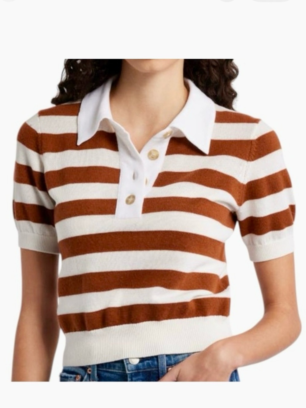 FRAME Cashmere Cotton Striped Short Sleeve Polo Sweater Chestnut Medium